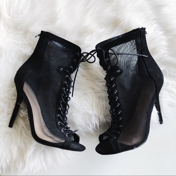 black mesh lace up booties